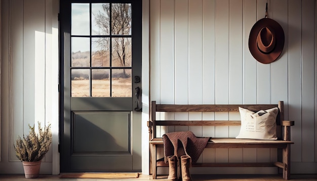 Farmhouses front door White wall and wooden bench AI generated