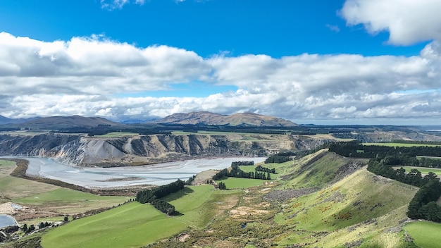 Farming countryside below Mount Hutt and overlooking the Rakaia river and gorge