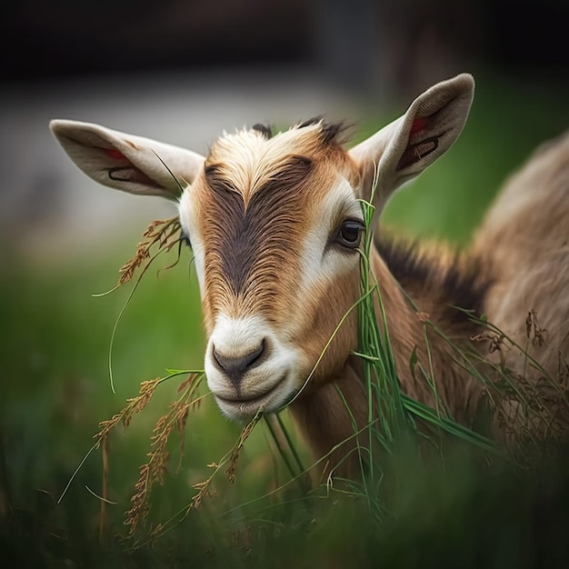 Farming domestic goat eating grass AI Generated