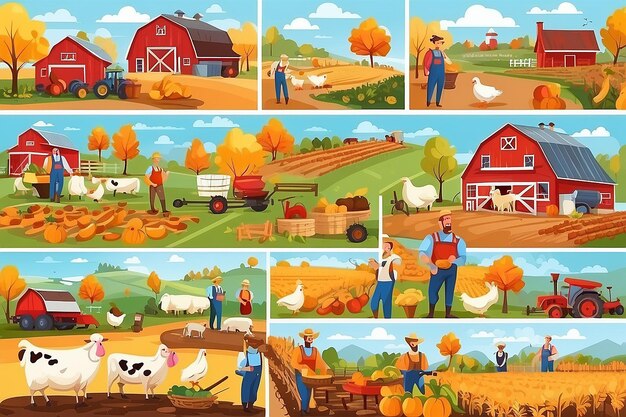 Farming flat vector illustrations set Agriculture and livestock poultry farming