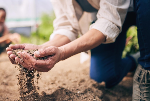 Farming hands and outdoor with soil dust and dirt for growth inspection and drought at agro job Person sand and compost for agriculture climate change and sustainability in closeup on ground