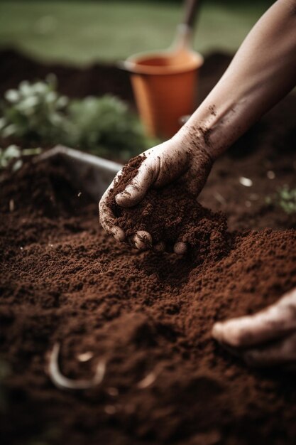 Фермер копает в почве руками