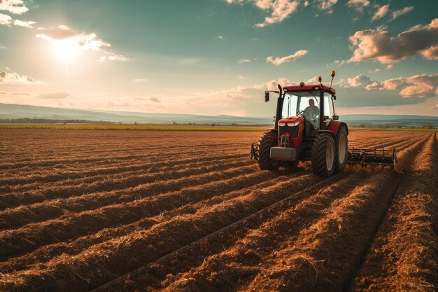 Farming Scene Tractor Plowing Fields