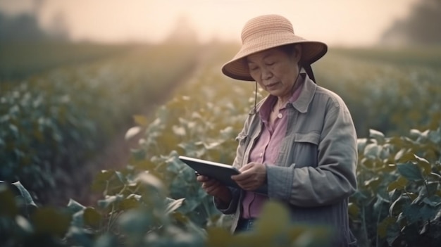 Farming technology To investigate agriculture and Generative AI a farmer lady is clutching a tablet computer