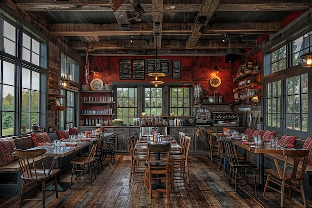 Farmtotable restaurant interior with rustic decor and open kitchen