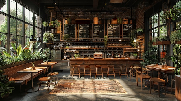 Farmtotable restaurant interior with rustic decor and open kitchensuper detailed