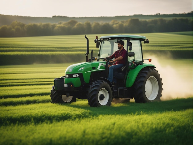 Farmworker driving tractor spraying green meadow