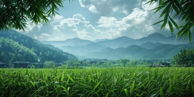 faroff village homes bamboos mountains blue sky green fields