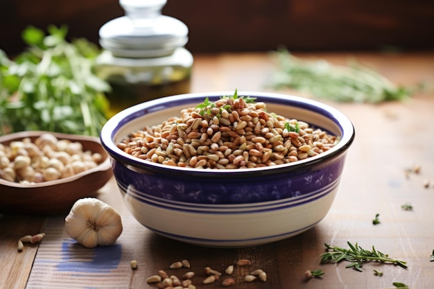 Farro grain in ceramic bowl with herbs nearby