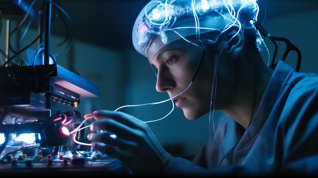 A fascinating image of a scientist conducting a braincomputer interface experiment on a patient using advanced technology to monitor brain activity