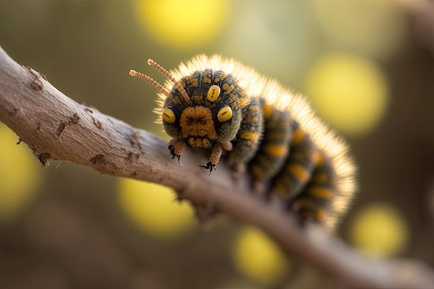 A fascinating macro photograph of a hairy caterpillar crawling on a twig Generated by AI
