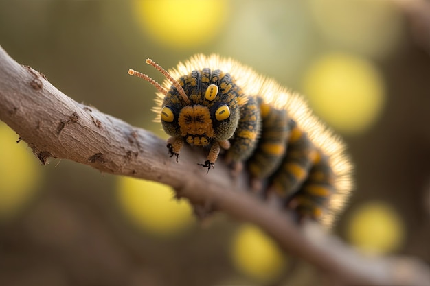 小枝の上を這う毛むくじゃらの毛虫の魅力的なマクロ写真 AI によって生成されました