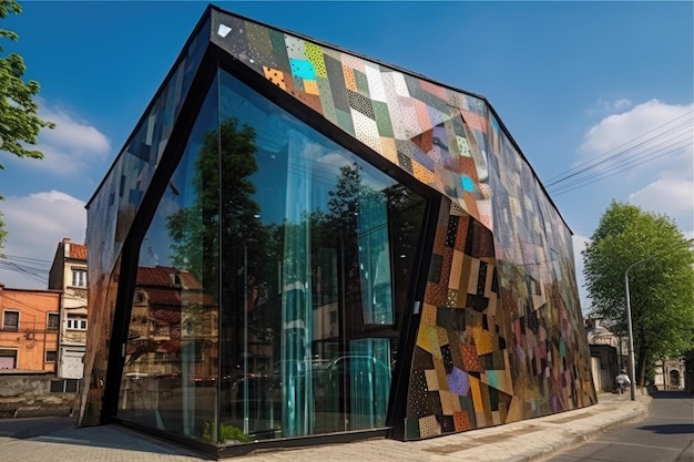 Увлекательное сочетание материалов и цветов в футуристическом здании, созданное с помощью генеративного искусственного интеллекта.
