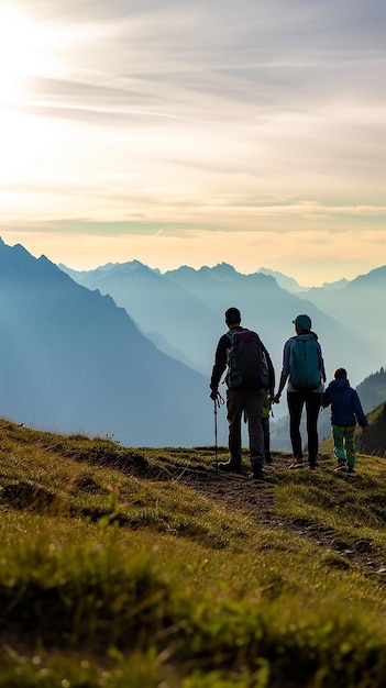 A fascinating shot of a family going on a hike