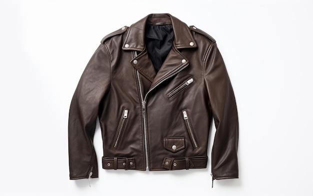 Foto affascinante giacca da moto calda e marrone isolata su sfondo bianco