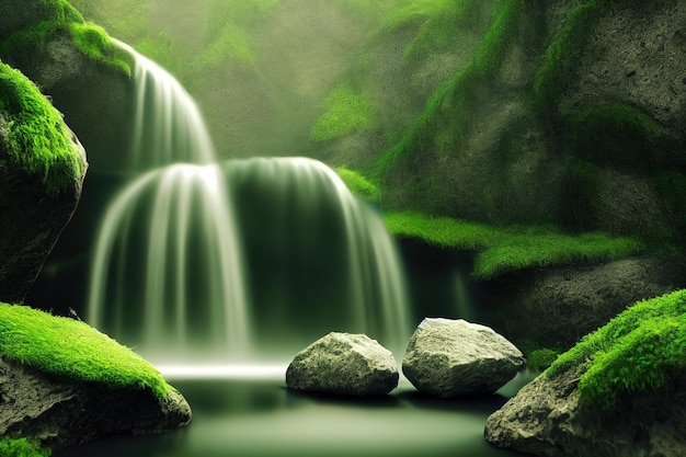 The fascinating waterfall in the forest 3d render 3D illustration