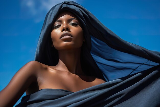 Fashinable african american woman with silk towel is sunbathing in ocean beach