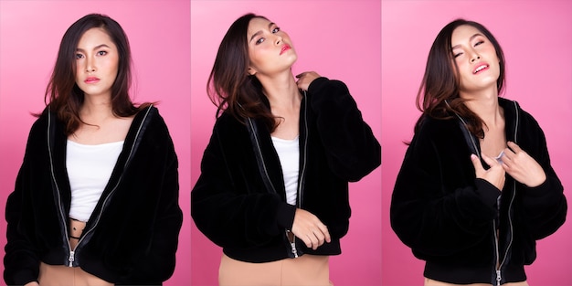 Мода 20-х годов азиатская женщина Загорелая кожа, черные коричневые волосы, красивая высокая мода, составляют повседневную меховую куртку. Студия освещения розовый фон изолированы, концепция пакета группы коллаж