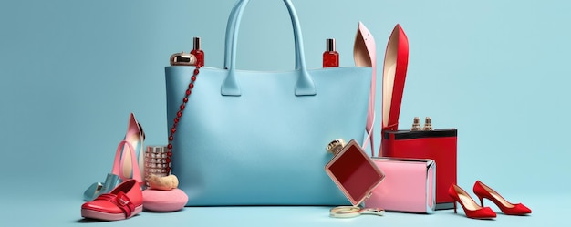 Foto accessori di moda borsa tacchi alti rossetto in borsa shopping generativo ai