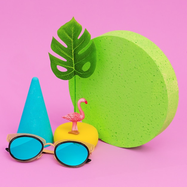 Fashion accessories sunglasses. Minimal flat lay art. Beach tropical summer vibes