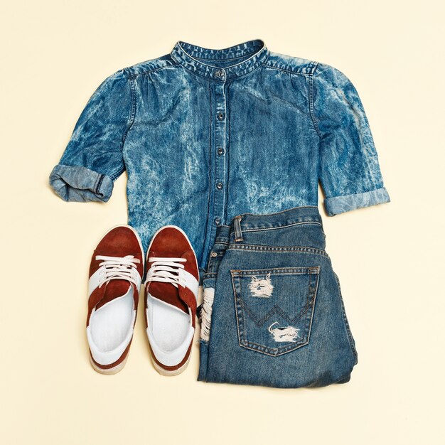 Fashion accessories urban hipster set. Unusual creative look. Denim style. shirt, jeans, sneakers, Casual outfit Street