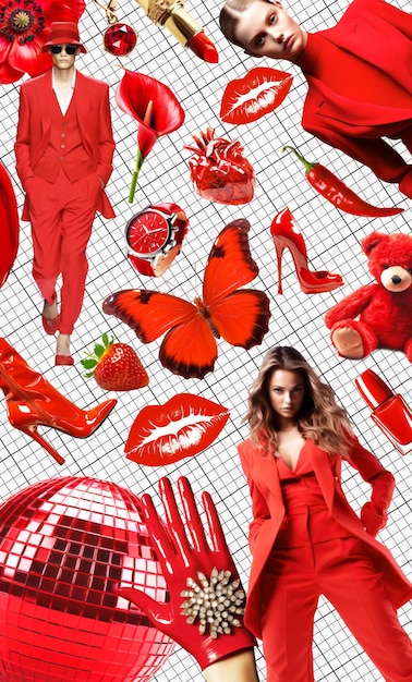 Fashion aesthetic moodboard Hand made magazine clipping collage Top color of the season red Design of collage made without ai generative