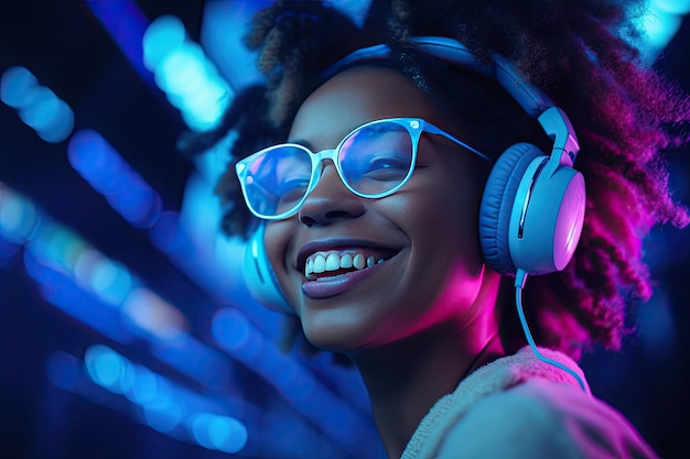 fashion African American young hipster woman wears trendy headphones against neon light