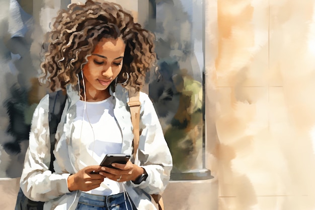 Fashion Afro-Amerikaanse vrouw met krullend haar chatten op een mobiele smartphone illustratie