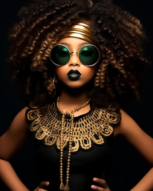 Fashion Afro Girl model in Curly hair style and black Dress wearing Sun Glasses Golden Accessories
