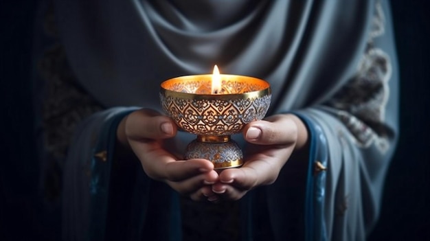 fashion arabic woman hands with diwali candles holiday