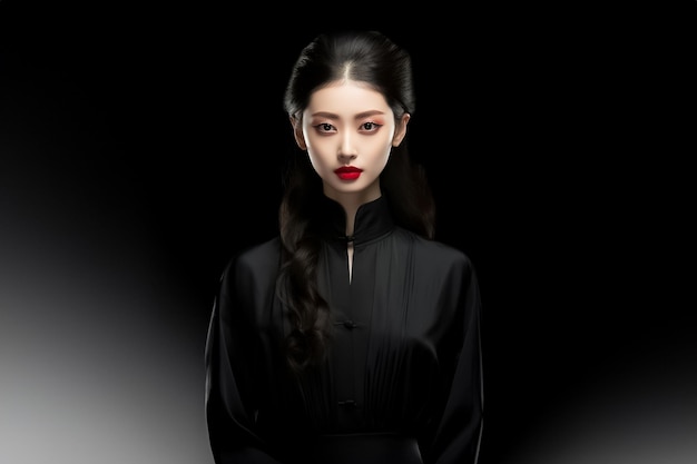美しい中国人女性のファッション・アート・ポートレート 抽象的な黒と白の服を着ている AIが生成した