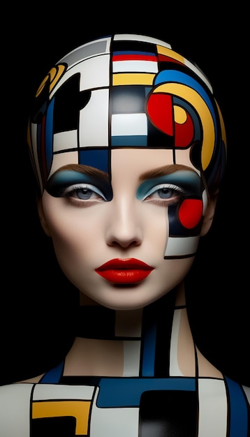 추상적인 기하학적 모양의 아름다운 여성의 패션 예술 초상화 커튼 배경 AI 생성