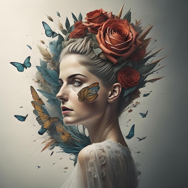Fashion art portrait of beautiful young woman with flowers and butterflies generative ai