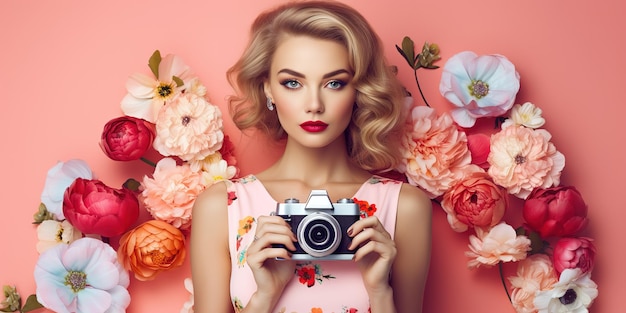 Fashion art portrait of a woman in a summer dress and flowers in her hand with a bright contrasting makeup