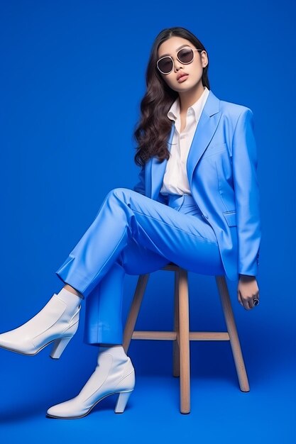 Fashion asian female model in blue suit white boots and sunglasses Asian fashion