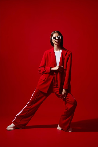 Фото Модная азиатская модель в красном костюме, белых сапогах и солнцезащитных очках.