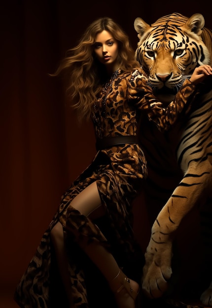 Модная привлекательная девушка в шикарном зимнем платье с рисунком тигра. Платье с горячей формой тела.