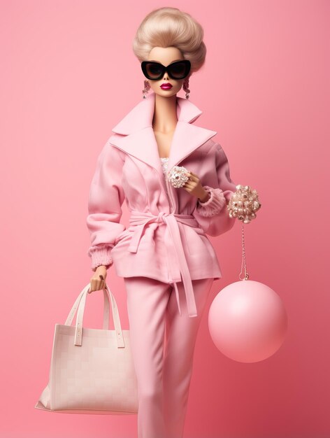 Фото Модная кукла барби и сумки для покупок портрет на розовом фоне в стиле монохроматического