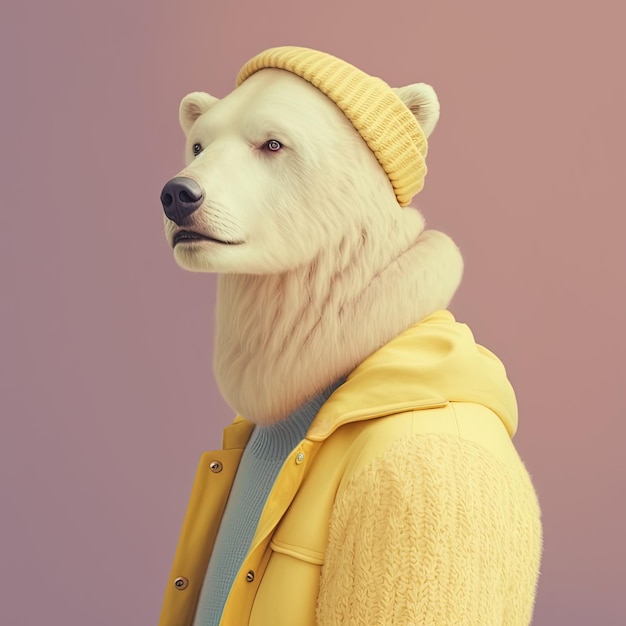재킷을 입은 패션 곰 노란색 단색 초상화 Generative AI