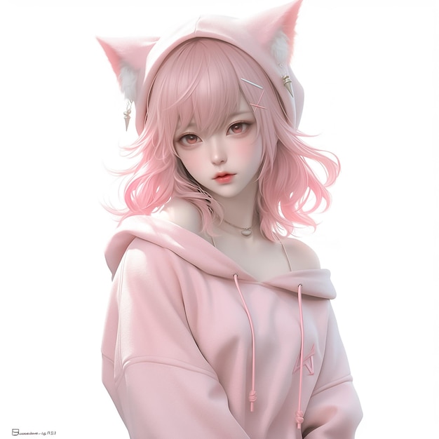 Fashion and Beauty Model of Girl with Cat Ears and Pink Hoodie cute 3d cartoon concept Ai Generated