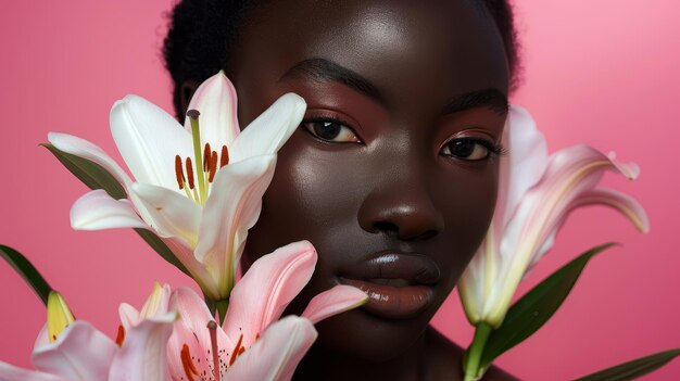 Fashion beauty portrait of an African American model touching her face while posing with lily flowers on a pink background