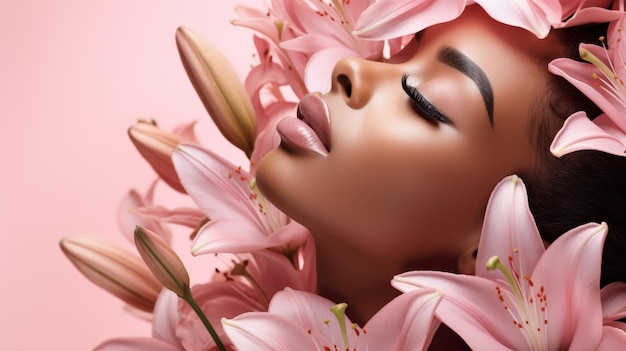 사진 젊은 아프리카계 미국인 모델의 패션 아름다움 초상화. 얼굴을 만지고 분홍색 배경에 릴리 꽃으로 포즈를 취하고 있습니다.