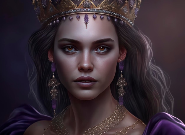 Fashion beauty with crown in realistic portrait in the style of dark bronze and light amber