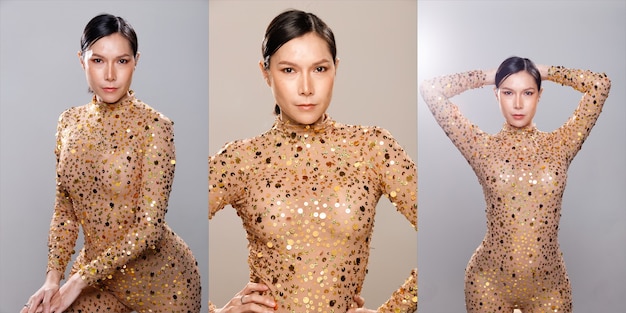 Fashion Beauty Woman has straight brown black hair express emotion feeling. Portrait of Asian LGBTGIA+ transgender woman wear cabaret sequin sparkle suit dress over gray background isolated