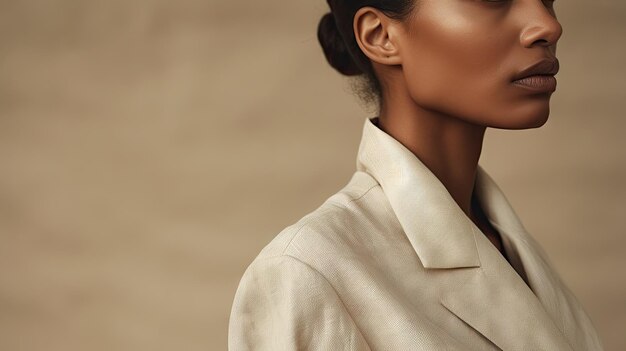 Модный бежевый минималистский фон с афроамериканской моделью, стилирующей молодую профессиональную модель