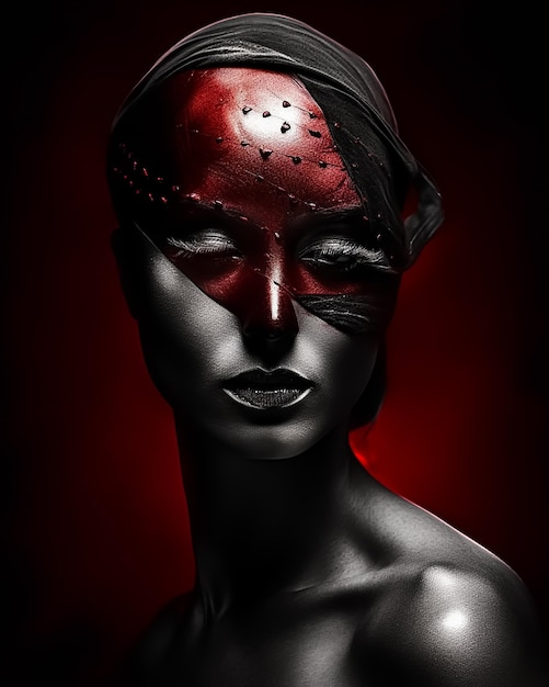 濃い赤の背景にヒーローのような黒い革のマスクをかぶったファッション目隠し女性