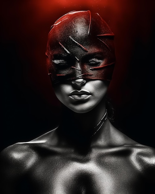 A fashion blindfolded woman wearing a black leather mask like a hero with dark red background