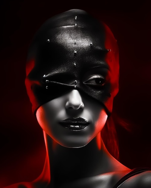 A fashion blindfolded woman wearing a black leather mask like a hero with dark red background