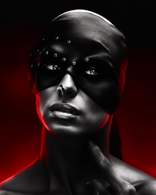 A fashion blindfolded woman wearing a black leather mask like a hero with dark red background
