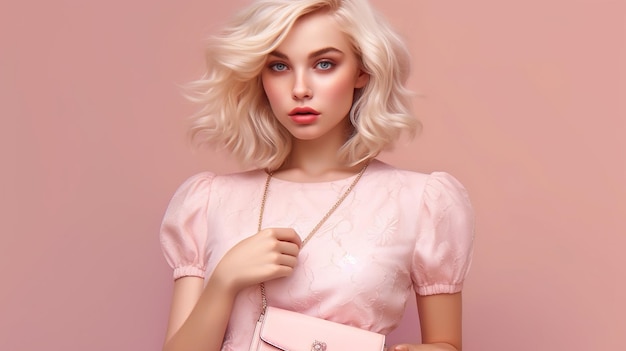 модная блондинка в модной позе юной красавицы, изолированная на розовом роскошном фоне, сделанном генеративом